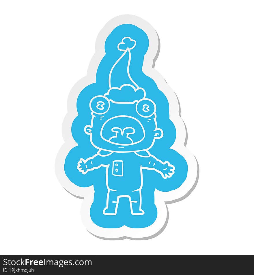 quirky cartoon  sticker of a weird alien communicating wearing santa hat