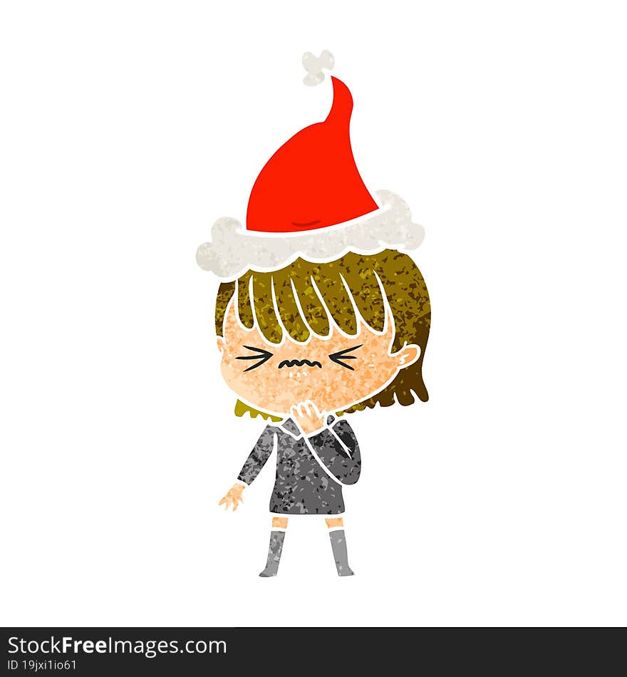 retro cartoon of a girl regretting a mistake wearing santa hat