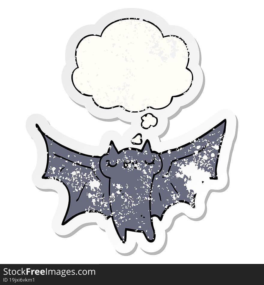 cute cartoon halloween bat and thought bubble as a distressed worn sticker