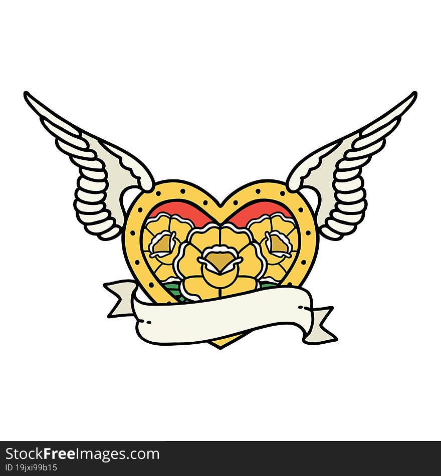 tattoo in traditional style of a flying heart with flowers and banner. tattoo in traditional style of a flying heart with flowers and banner