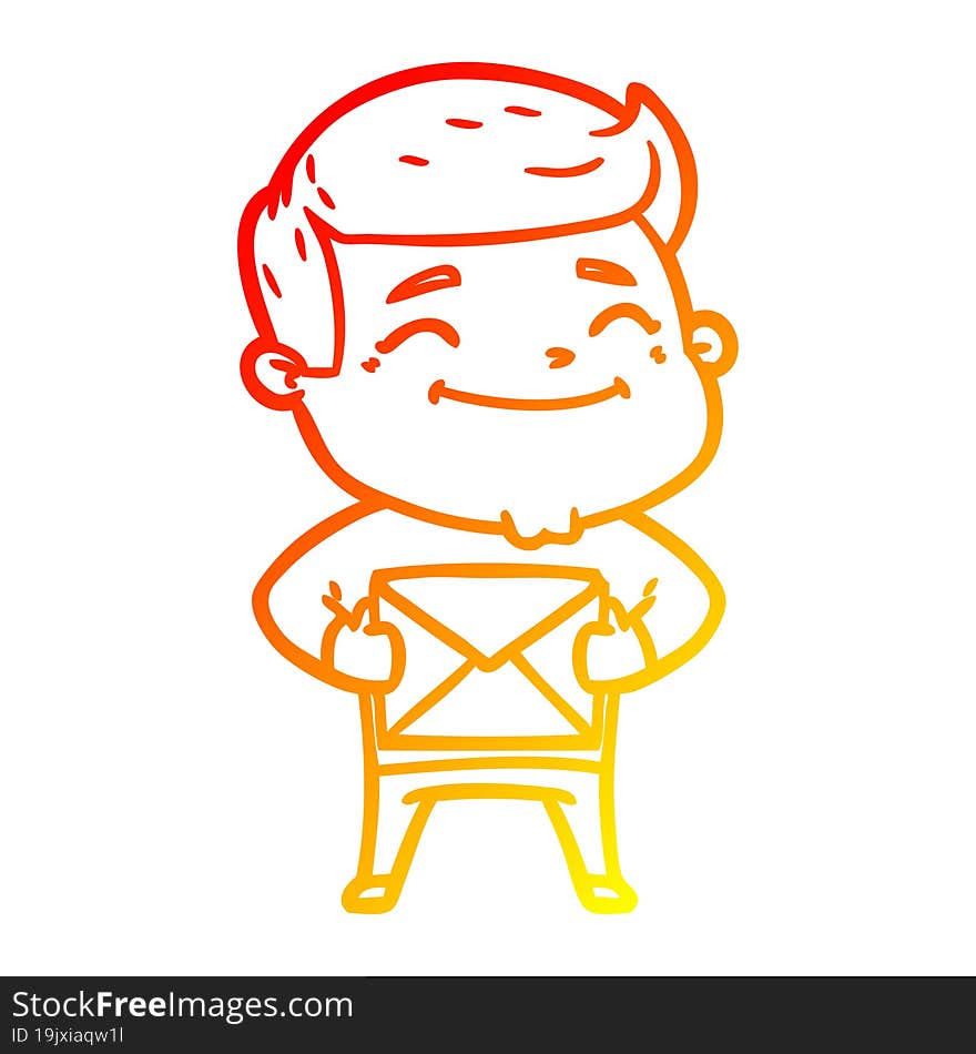 warm gradient line drawing happy cartoon man with parcel