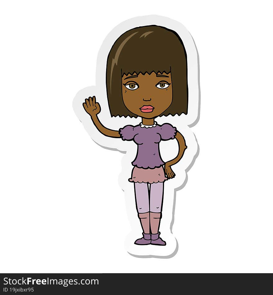 sticker of a cartoon woman waving