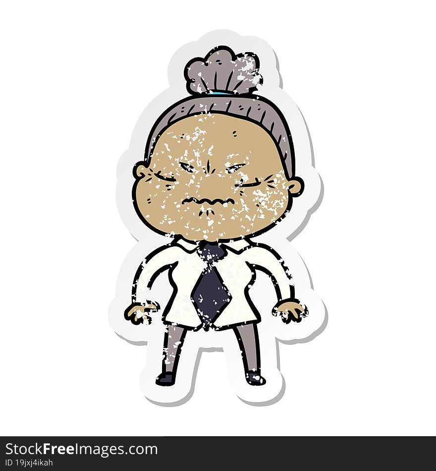 distressed sticker of a cartoon annoyed old lady