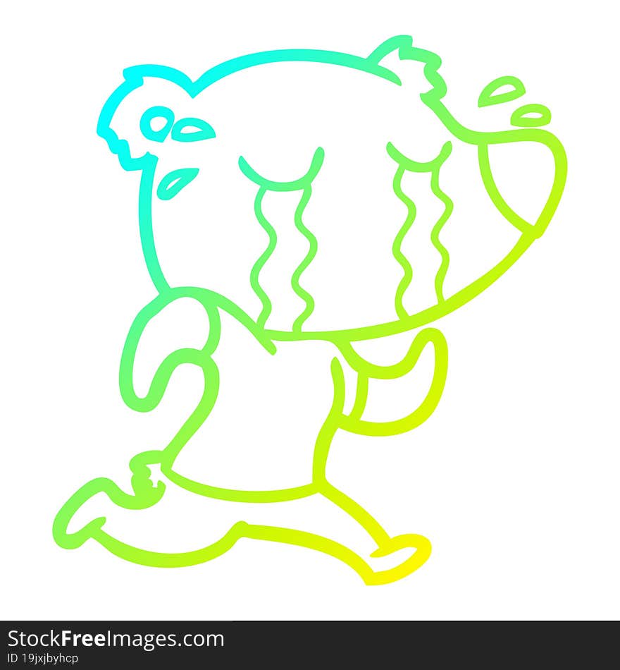 cold gradient line drawing cartoon crying bear running