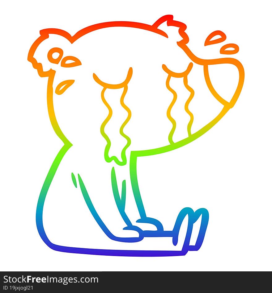 rainbow gradient line drawing of a cartoon crying sitting polar bear