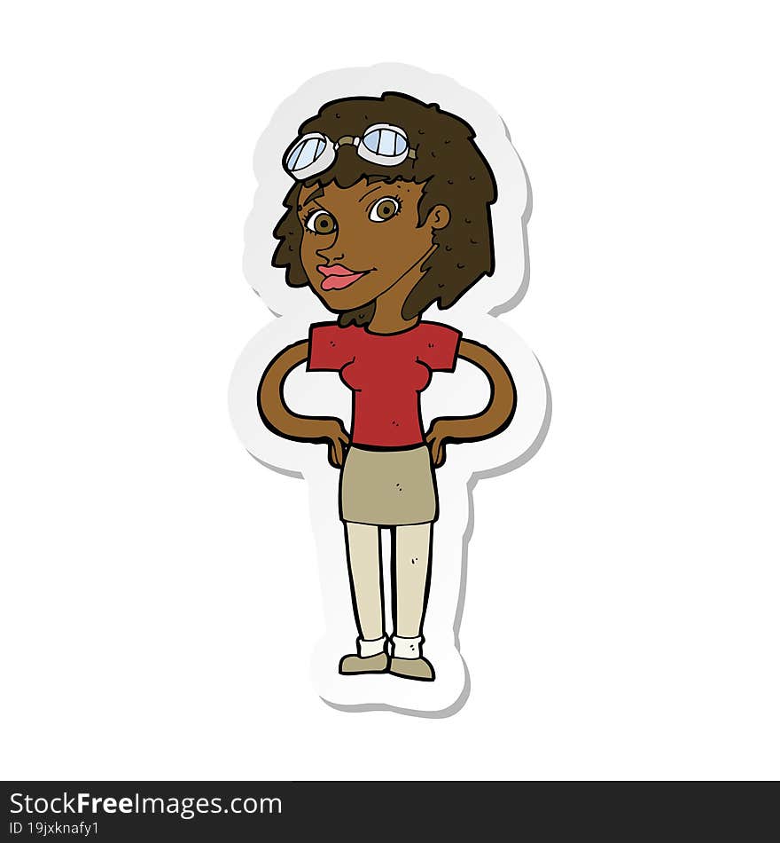 sticker of a cartoon retro pilot woman