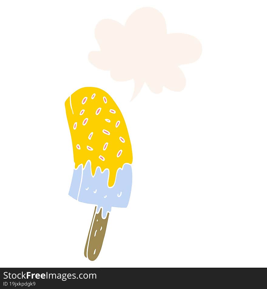 cartoon ice cream lolly and speech bubble in retro style