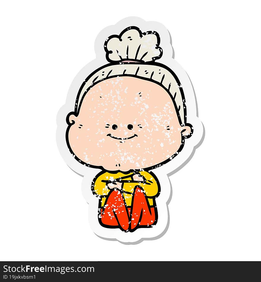 distressed sticker of a cartoon happy old woman