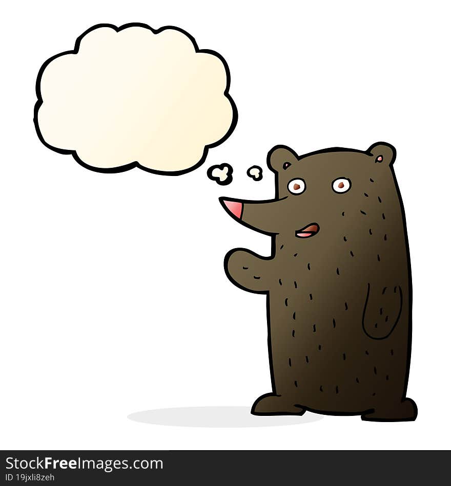 cartoon waving black bear with thought bubble