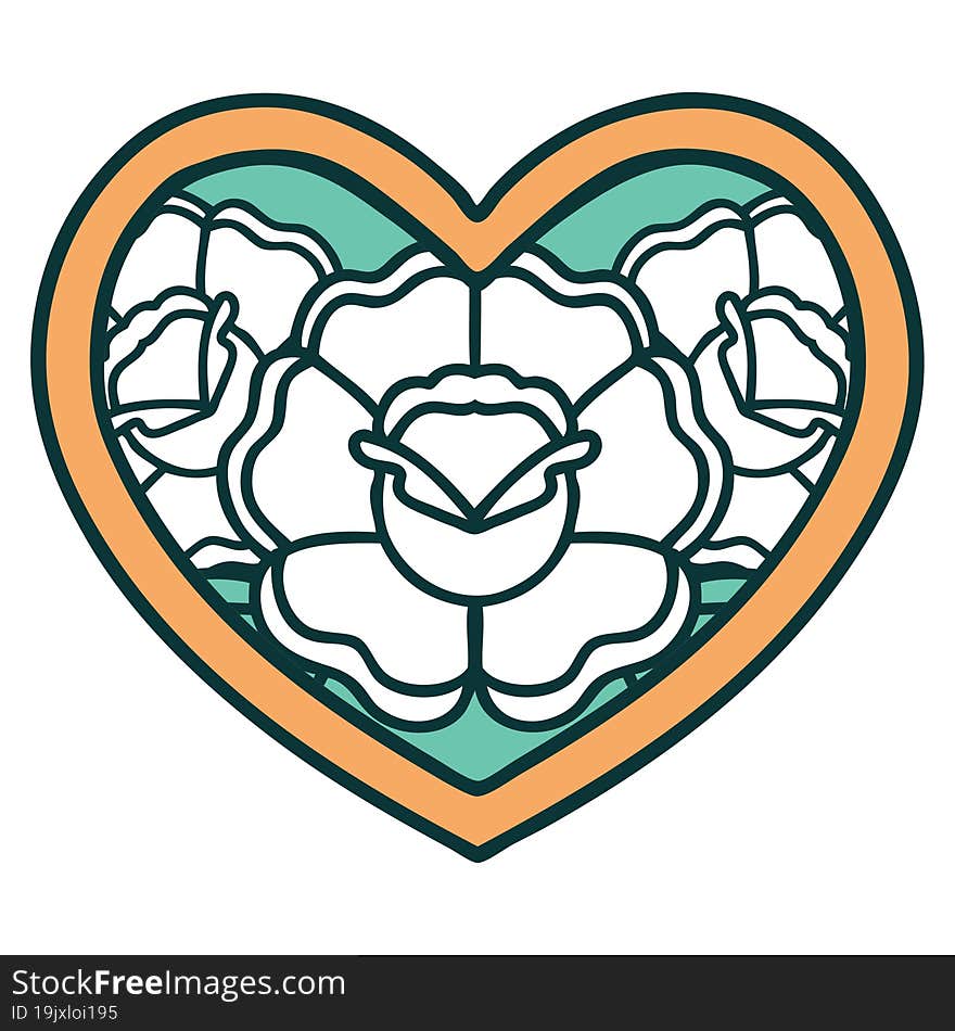 iconic tattoo style image of a heart and flowers. iconic tattoo style image of a heart and flowers