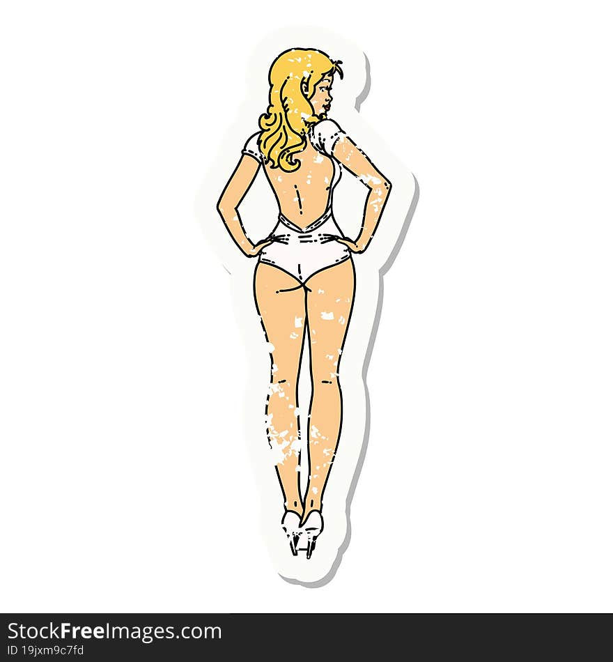 distressed sticker tattoo of a pinup swimsuit girl