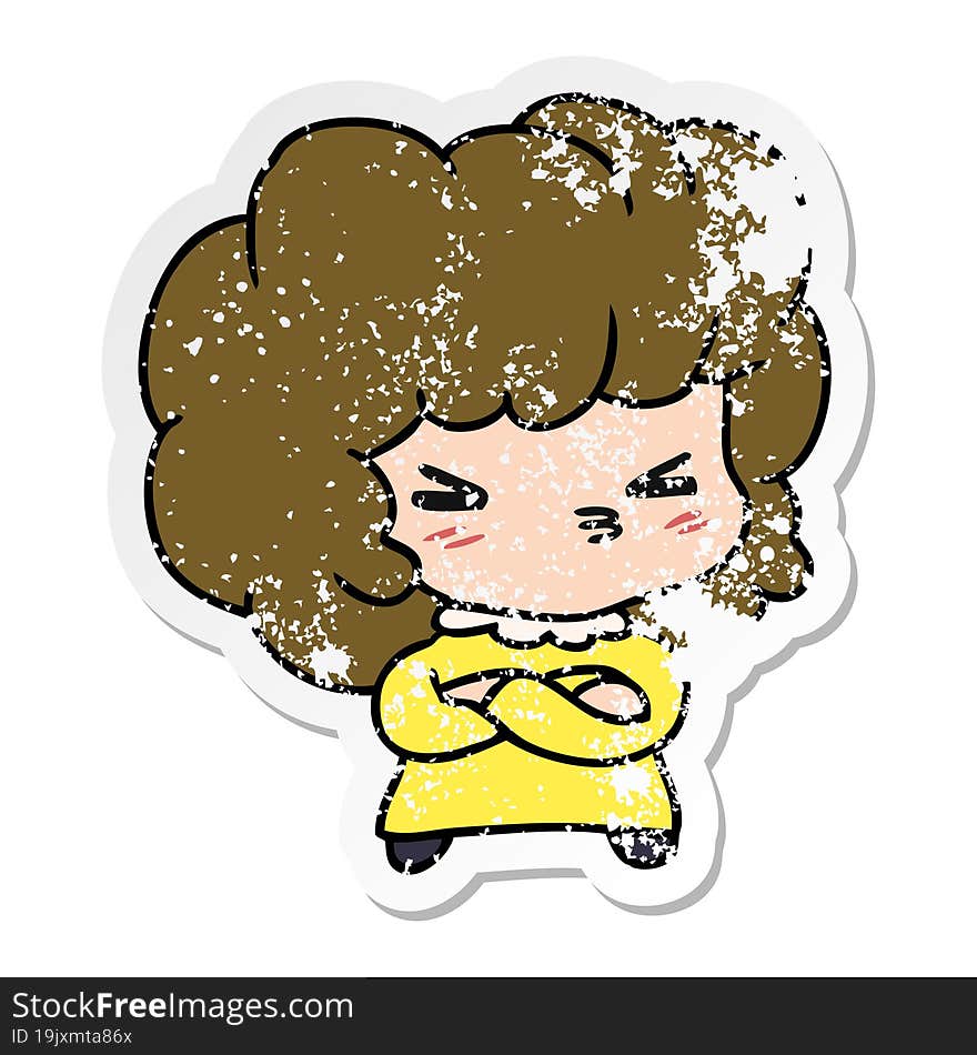 Distressed Sticker Cartoon Of A Cute Cross Kawaii Girl