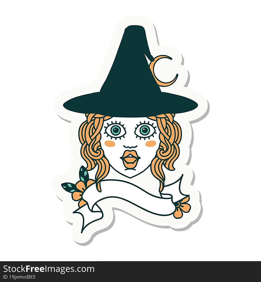 sticker of a human witch character face. sticker of a human witch character face