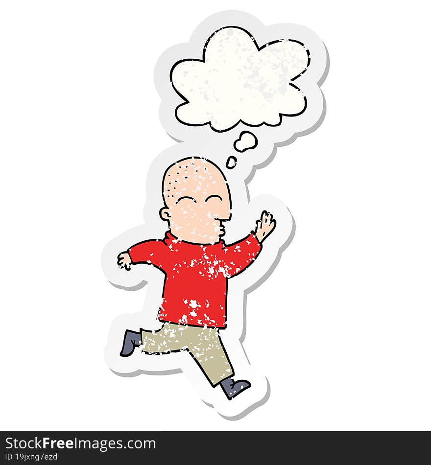 cartoon man running and thought bubble as a distressed worn sticker