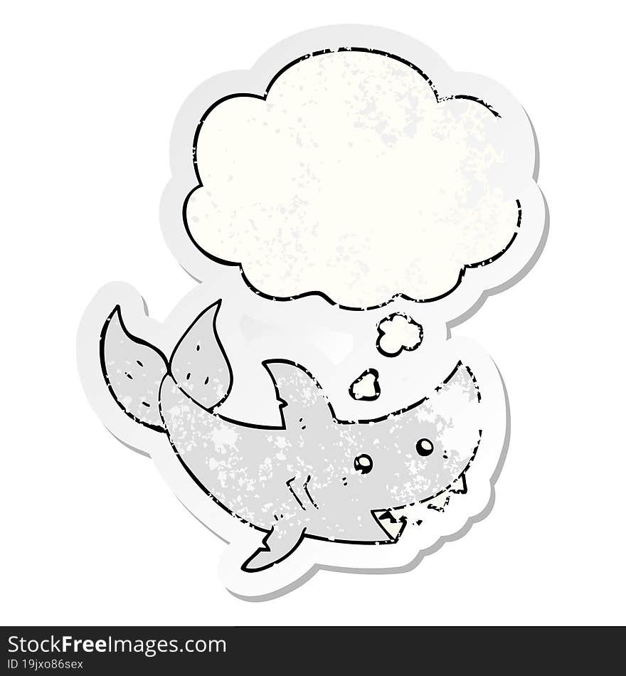 cartoon shark and thought bubble as a distressed worn sticker