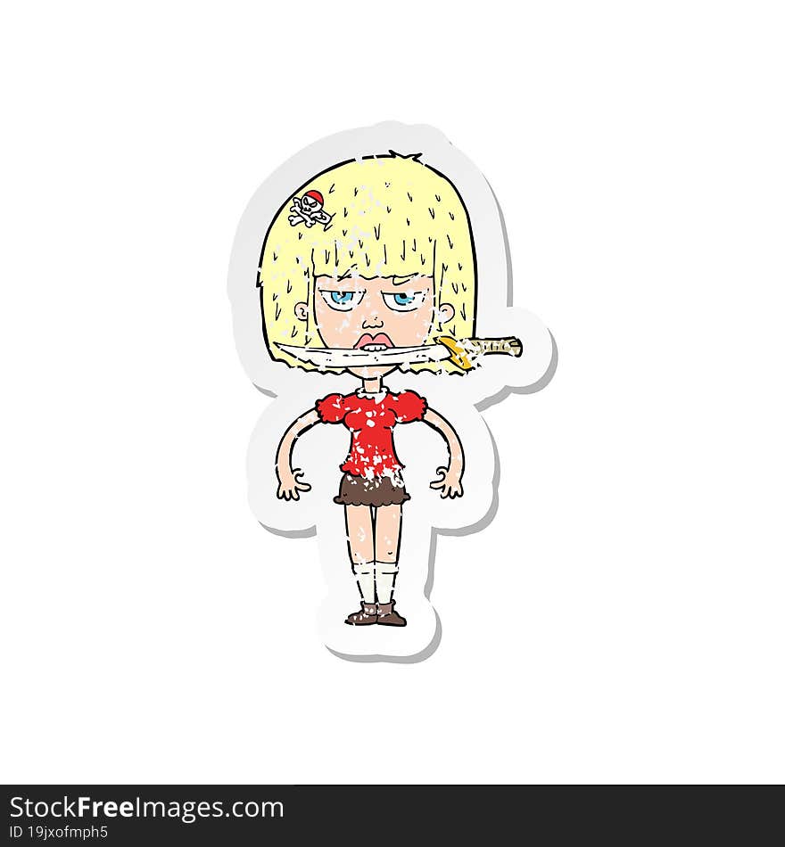 retro distressed sticker of a cartoon woman with knife between teeth