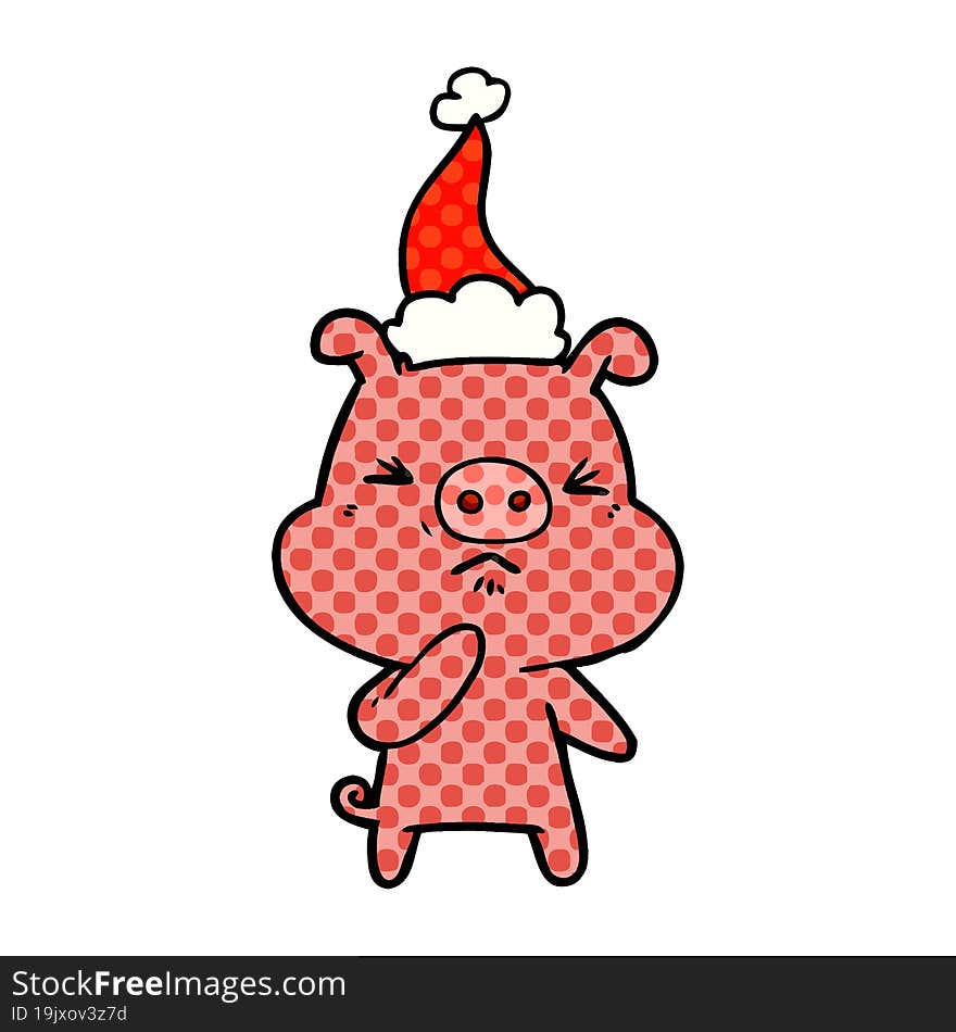 comic book style illustration of a angry pig wearing santa hat