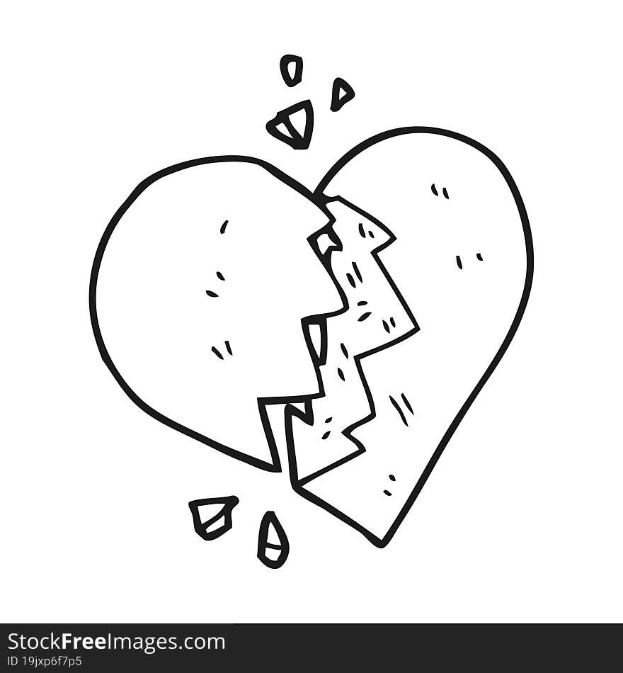 freehand drawn black and white cartoon broken heart