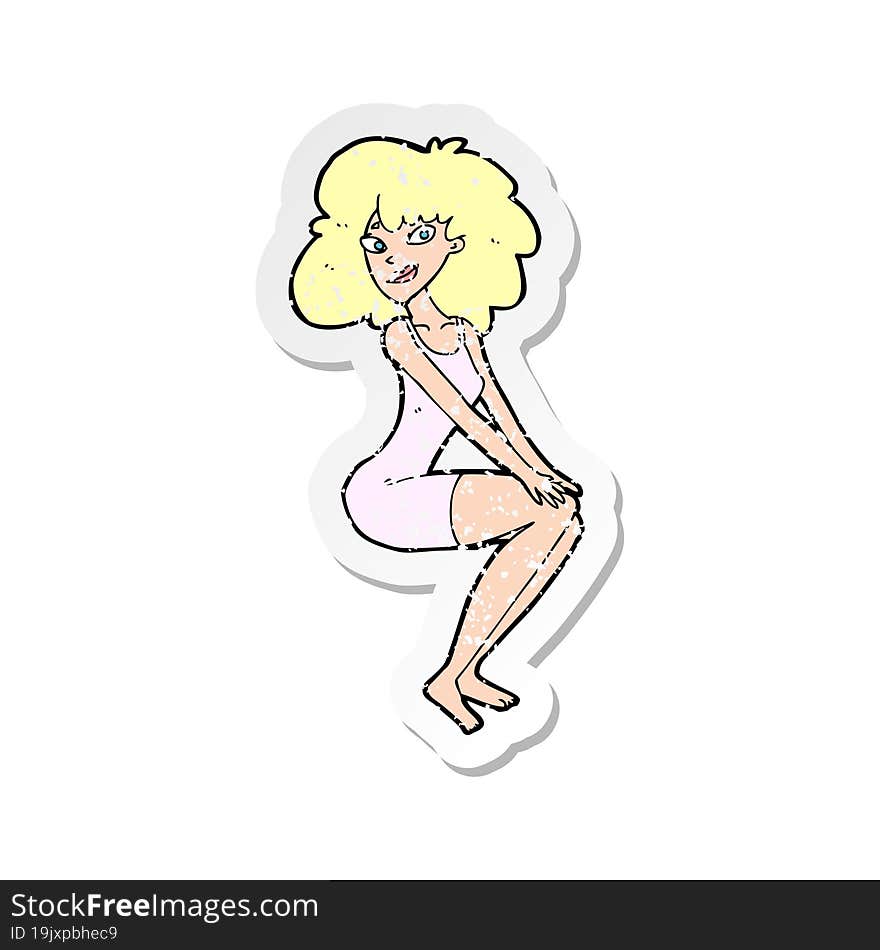 retro distressed sticker of a cartoon sitting woman in dress