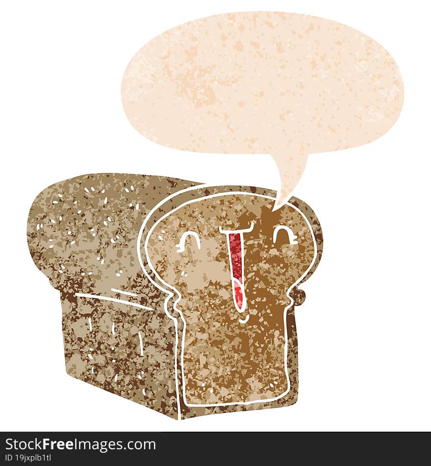 cute cartoon loaf of bread and speech bubble in retro textured style