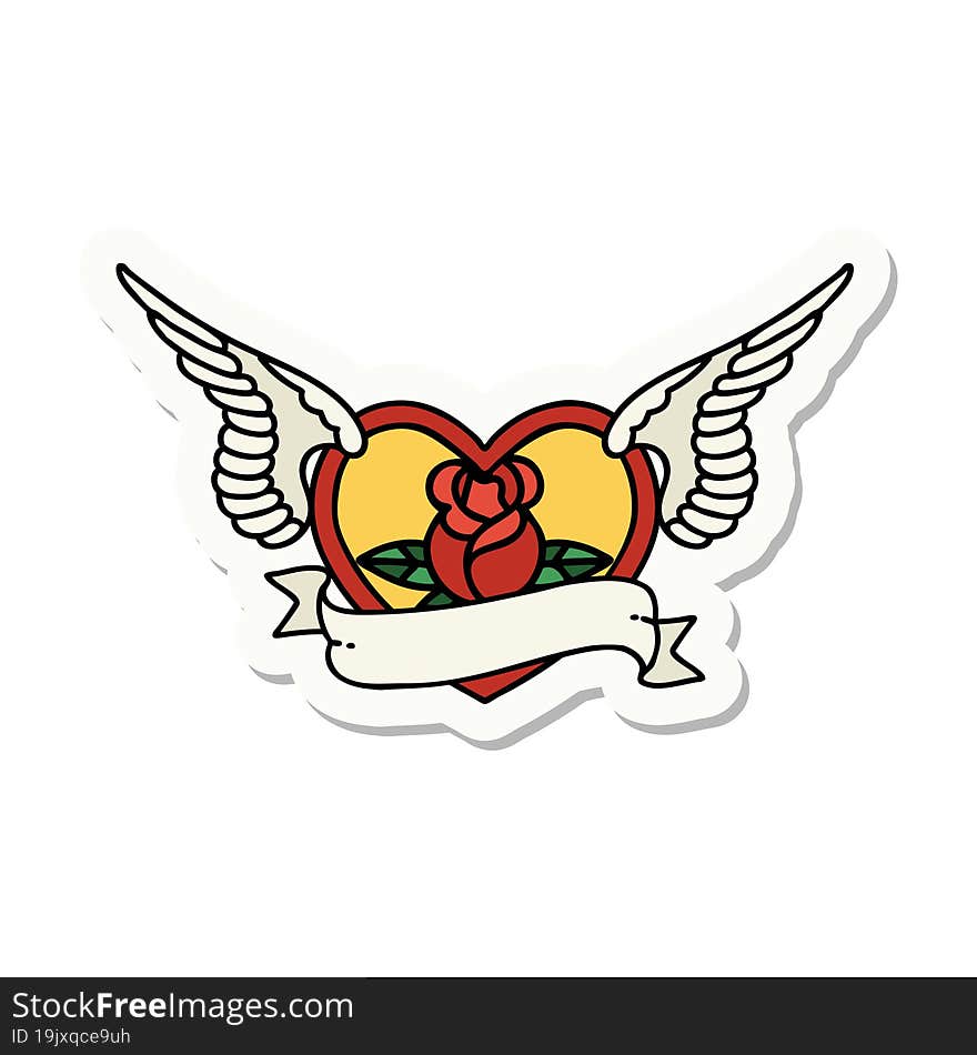 sticker of tattoo in traditional style of a flying heart with flowers and banner. sticker of tattoo in traditional style of a flying heart with flowers and banner