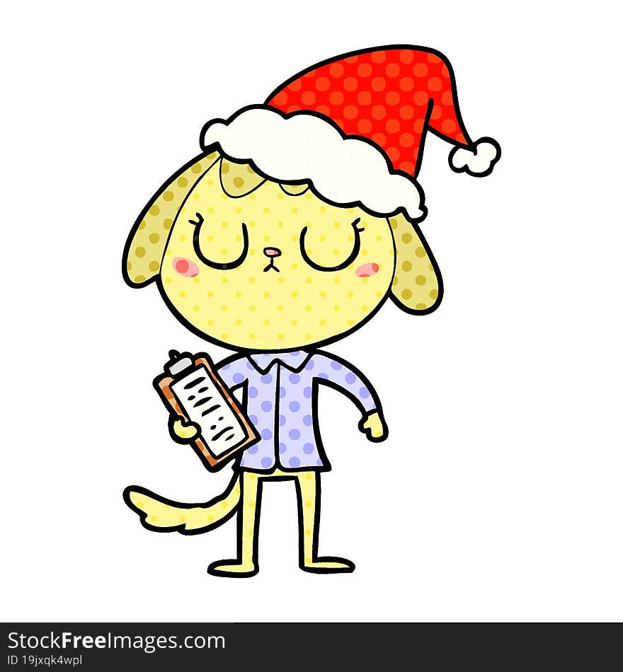 cute comic book style illustration of a dog wearing office shirt wearing santa hat