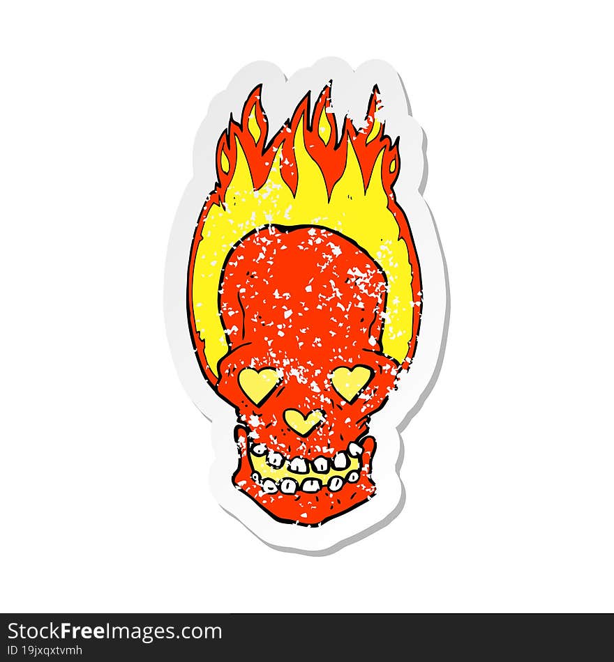 retro distressed sticker of a cartoon flaming skull with love heart eyes