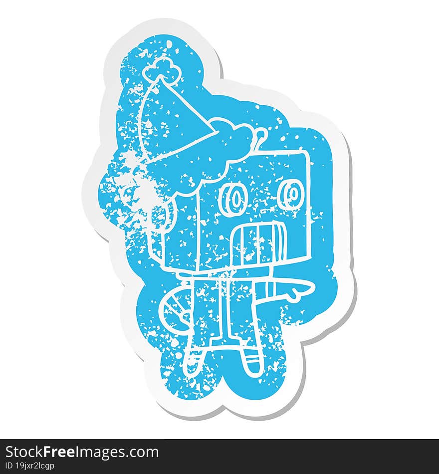 Cartoon Distressed Sticker Of A Robot Wearing Santa Hat