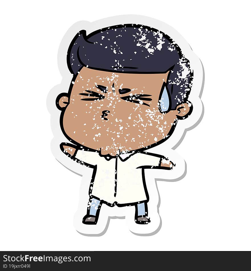 distressed sticker of a cartoon man sweating