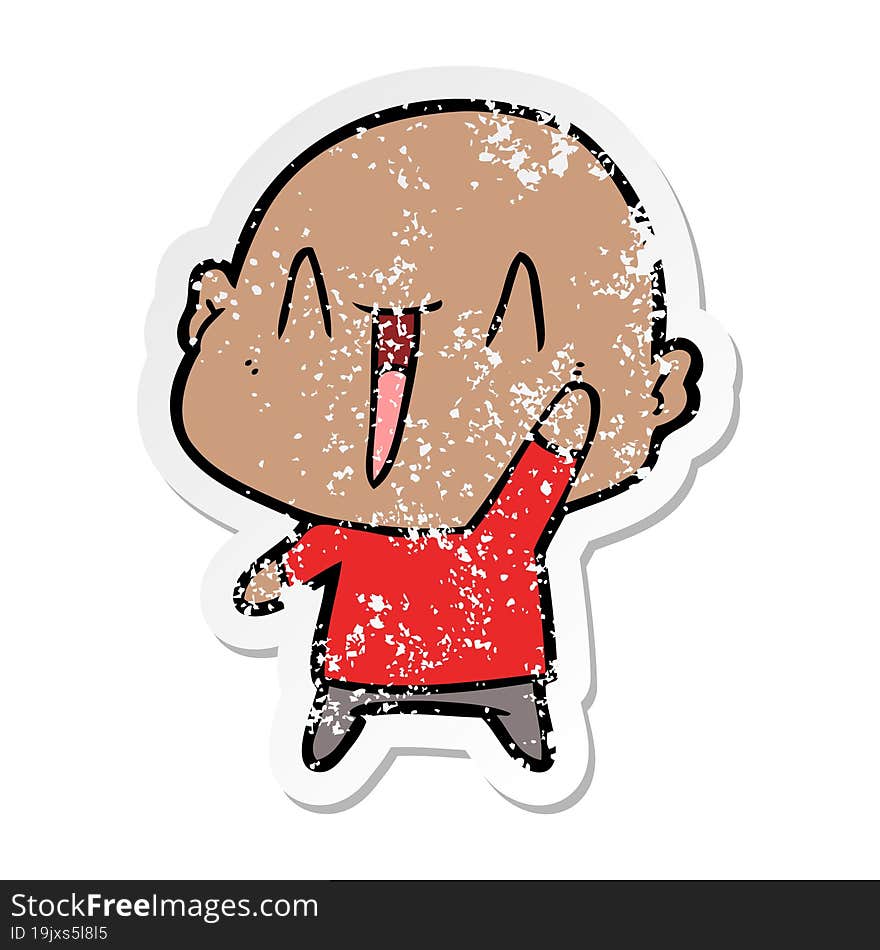 distressed sticker of a happy cartoon bald man