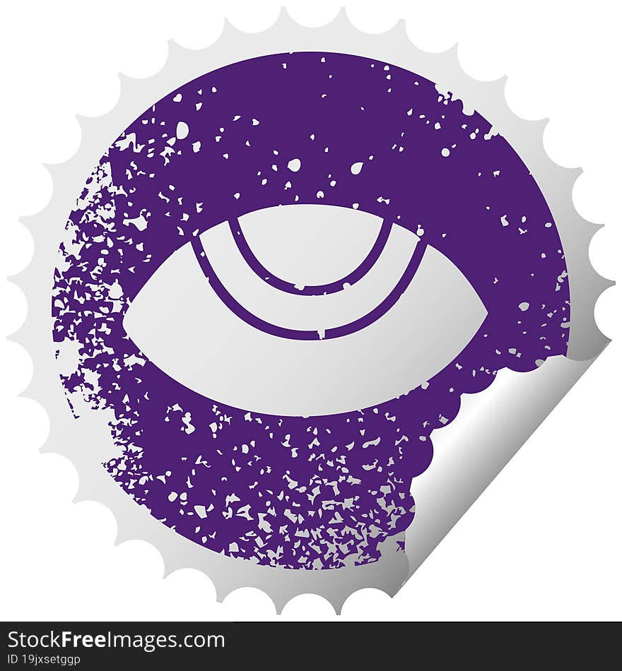 distressed circular peeling sticker symbol eye looking up