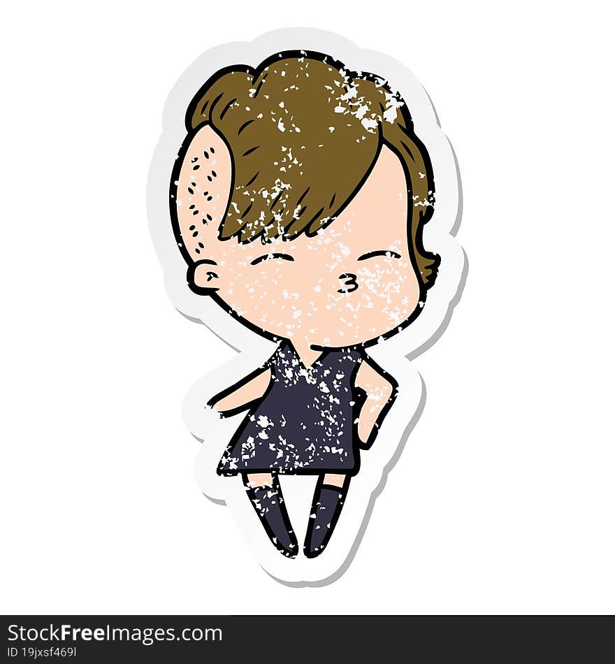 Distressed Sticker Of A Cartoon Squinting Girl In Dress