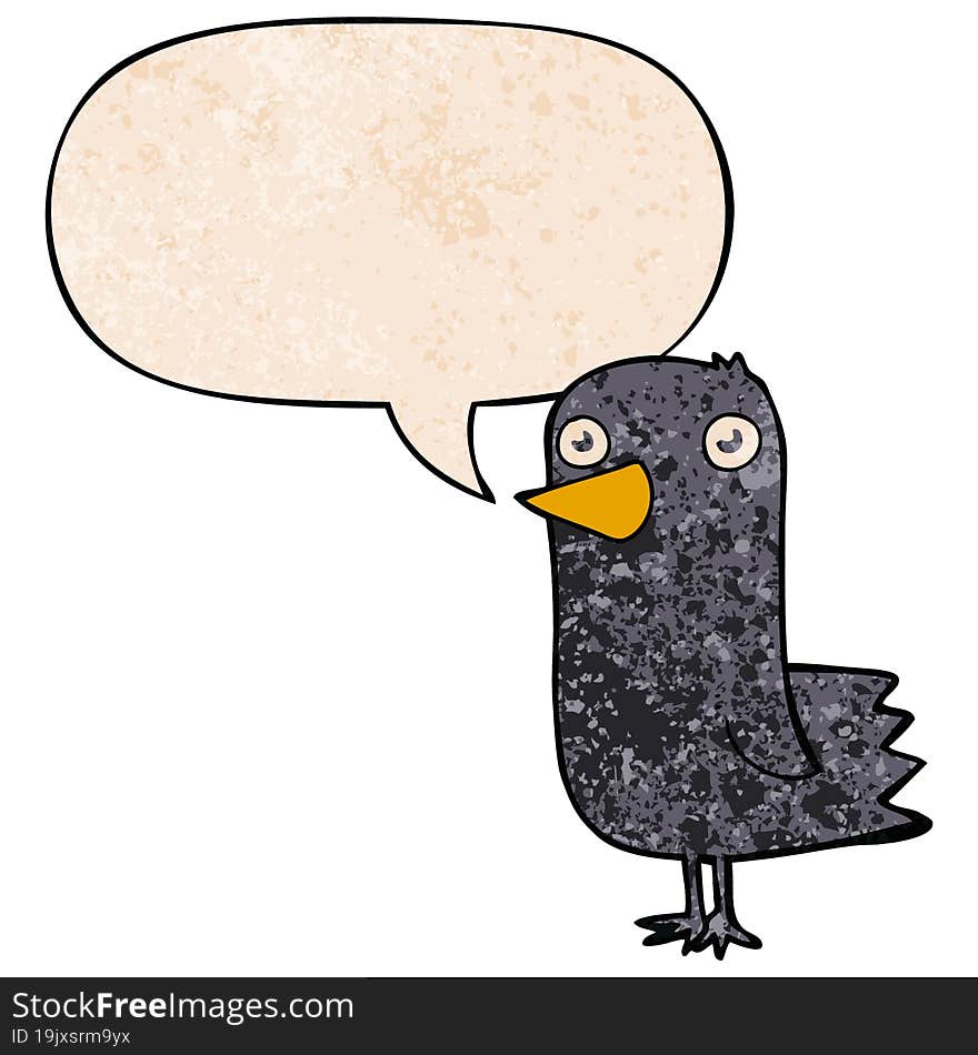 cartoon bird and speech bubble in retro texture style