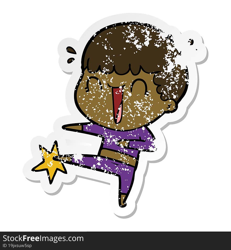 distressed sticker of a laughing cartoon man karate kicking