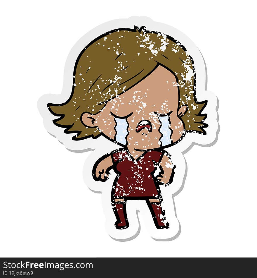 distressed sticker of a cartoon girl crying