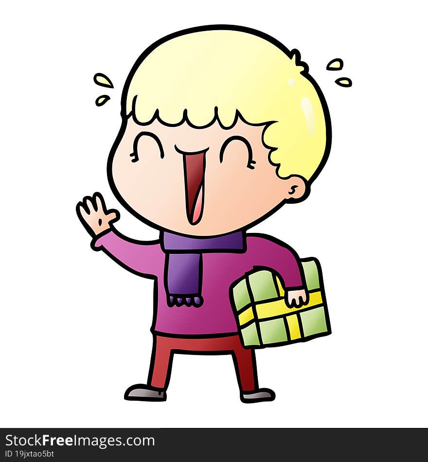 laughing cartoon man with present. laughing cartoon man with present