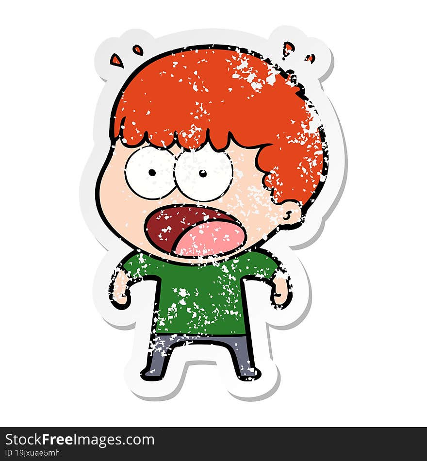 distressed sticker of a cartoon shocked man