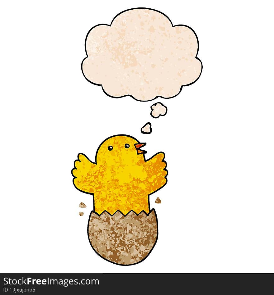 Cartoon Hatching Bird And Thought Bubble In Grunge Texture Pattern Style