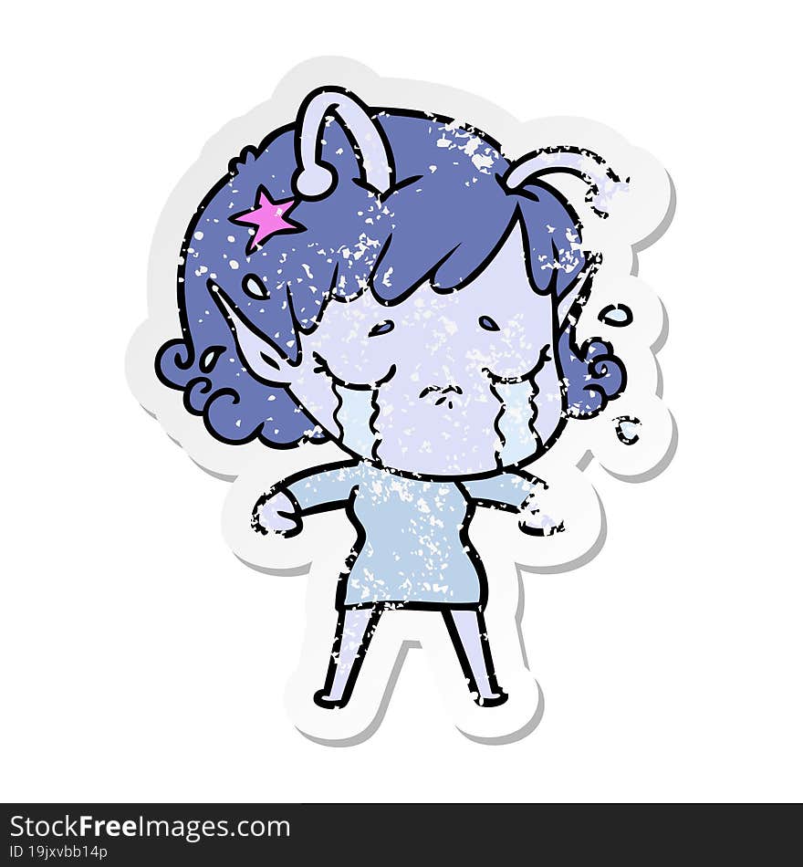 distressed sticker of a cartoon crying alien girl