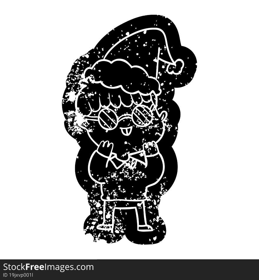 Cartoon Distressed Icon Of A Boy Wearing Spectacles Wearing Santa Hat