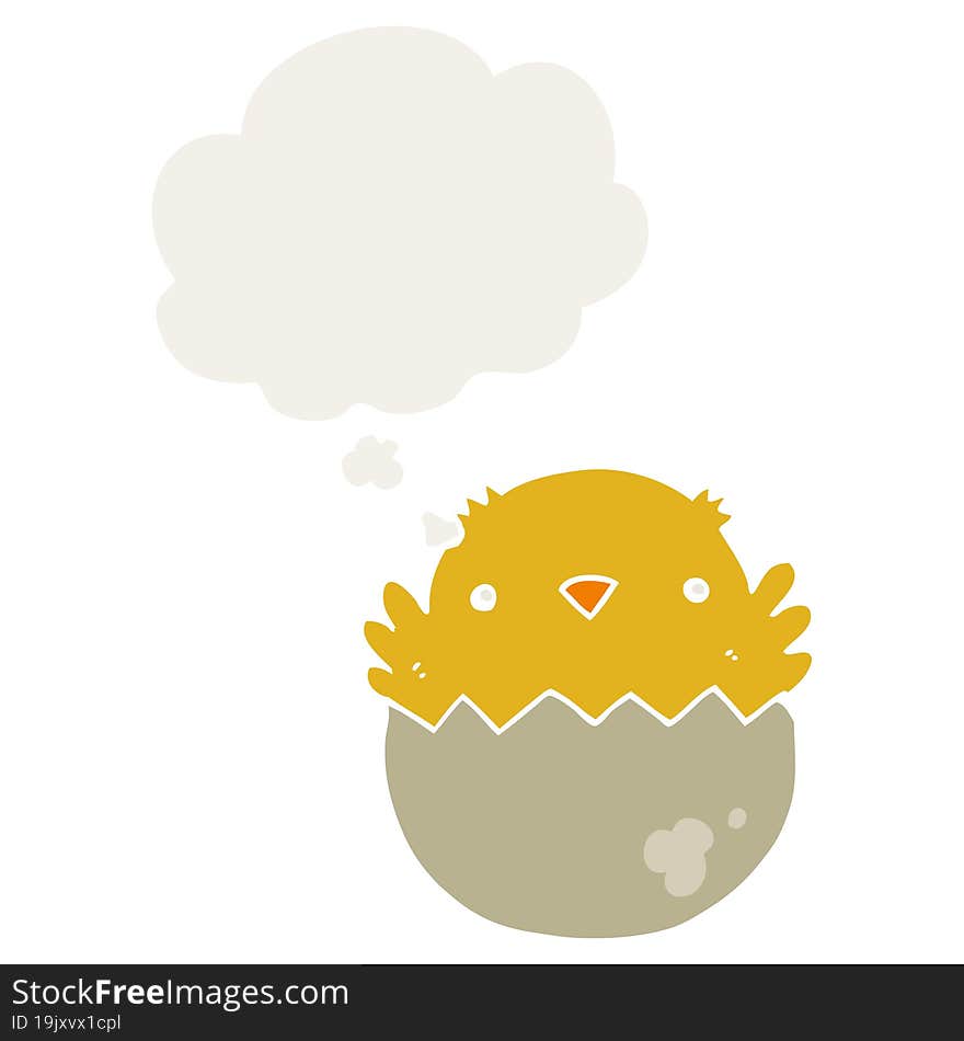 cartoon chick hatching from egg and thought bubble in retro style