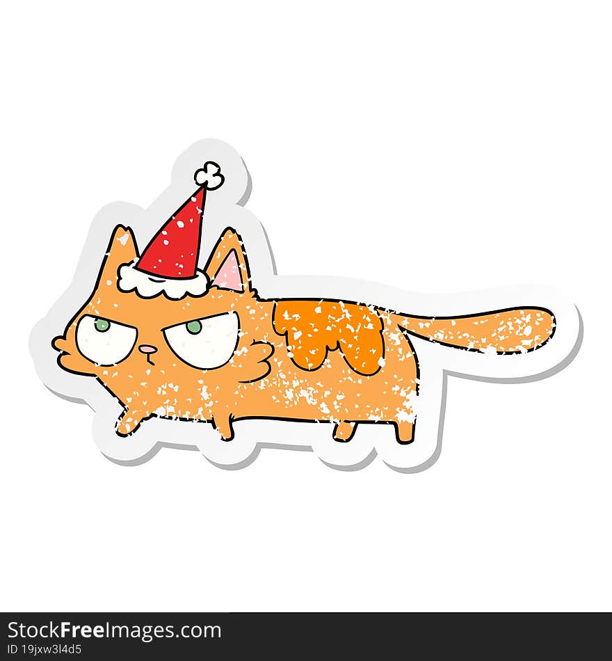 Distressed Sticker Cartoon Of A Angry Cat Wearing Santa Hat