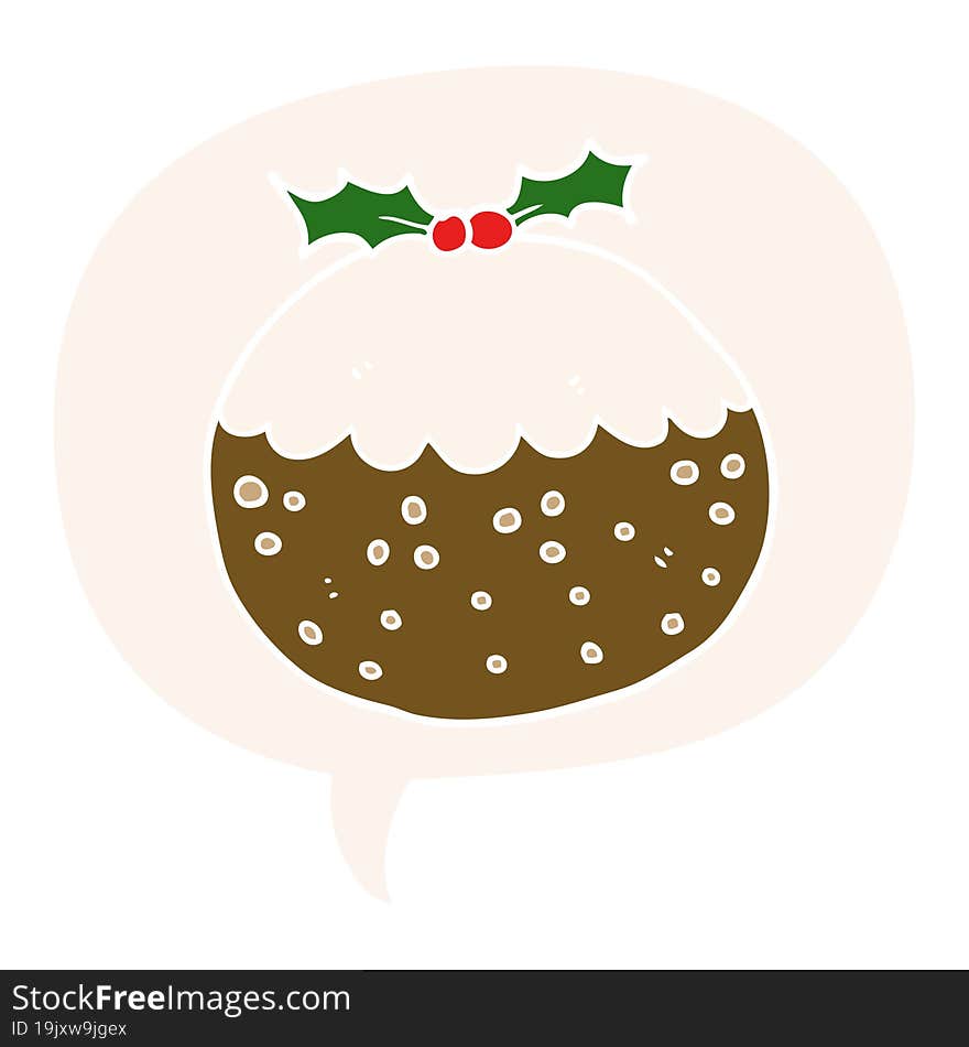 cartoon christmas pudding and speech bubble in retro style