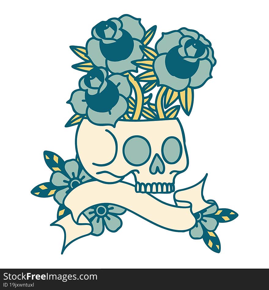 Tattoo With Banner Of A Skull And Roses