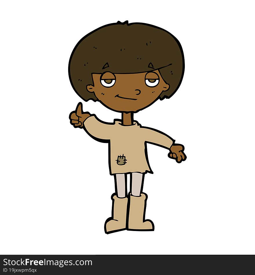 cartoon boy in poor clothing giving thumbs up symbol