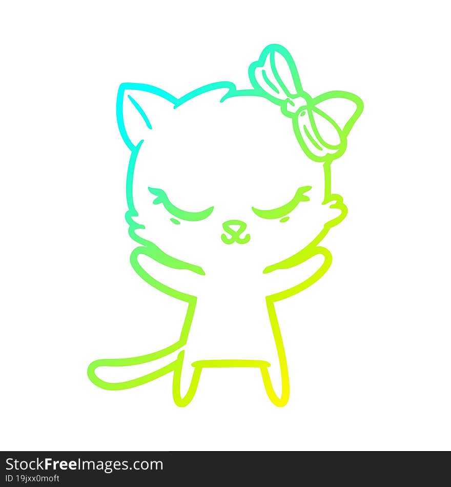 Cold Gradient Line Drawing Cute Cartoon Cat With Bow