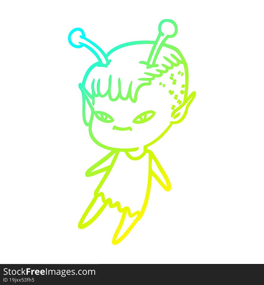 cold gradient line drawing of a cute cartoon alien girl