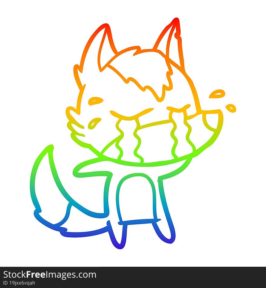 rainbow gradient line drawing of a cartoon crying wolf