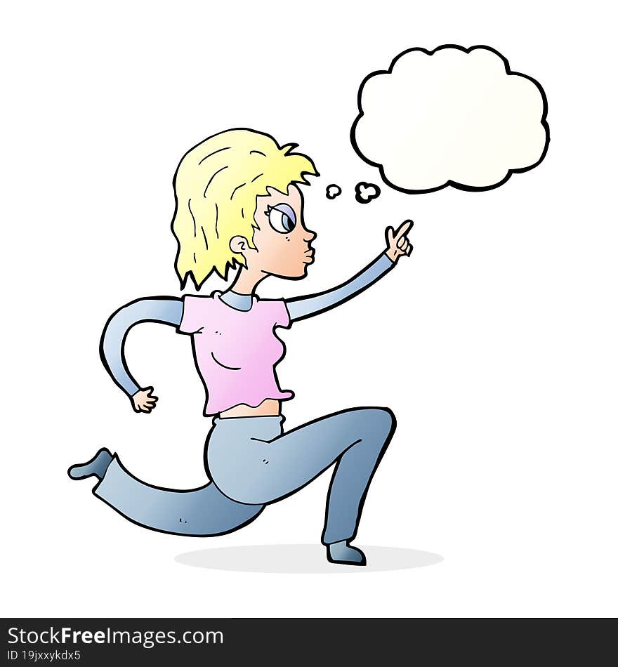 Cartoon Woman Running And Pointing With Thought Bubble