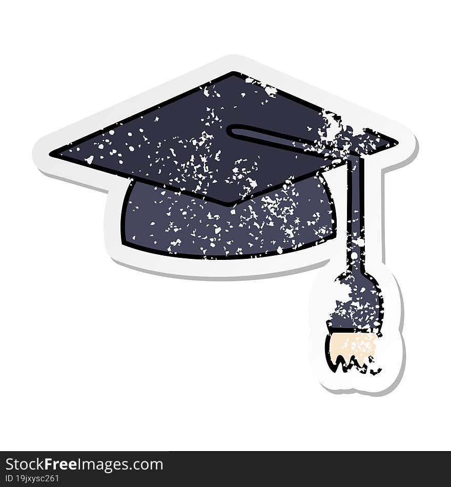 distressed sticker of a cute cartoon graduation cap